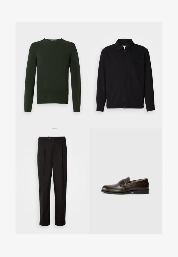 Fekete, hosszú ujjú póló, gallérral, elülső cipzárral és mellzsebbel. Texturált anyagból készült, laza szabású.; Sötétzöld, hosszú ujjú kötött pulóver, kerek nyakkivágással és sima felülettel. Nincsenek látható minták vagy fém részletek.; Fekete nadrág sima textúrával, egyenes szabással, két elülső zsebbel és egy gombbal zárható derékkal.; Calvin Klein Belebújós cipők - cocoa brown