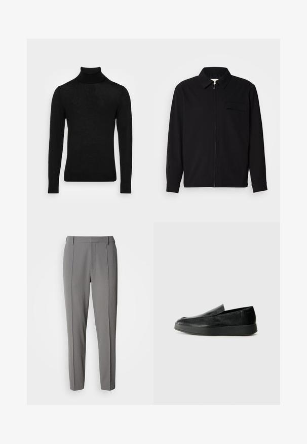 Zwarte lange mouwen shirt met een kraaghals, voorste rits sluiting en een borstzak. Gemaakt van een gestructureerde stof met een relaxte pasvorm.; Zwarte coltrui gemaakt van glad gebreid materiaal. Heeft lange mouwen en een aangesloten design, met minimalistische branding op de borst.; Calvin Klein PULL ON - Broek - pewter; Calvin Klein HYBRID CUP - Instappers - triple black