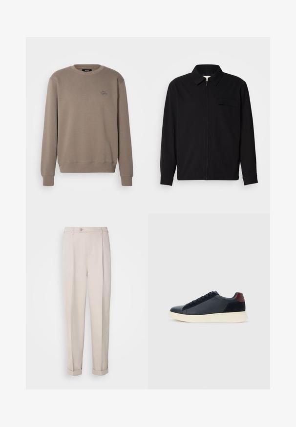 Černá dlouhá rukávová košile s límečkem, předním zipovým uzávěrem a kapsou na hrudi. Vyrobená z texturované tkaniny s uvolněným střihem.; Mads Nørgaard STANDARD CREW LOGO - Mikina - bungee cord; Béžové kalhoty z hladkého materiálu, s rovný střih, jednou plisovanou přední částí a ohrnutými manžetami. Obsahují přední zapínání na knoflík.; Nízké pánské tenisky z černé kůže a semiše s vínovým patním páskem a bílou gumovou podrážkou, pohled z vnější strany.