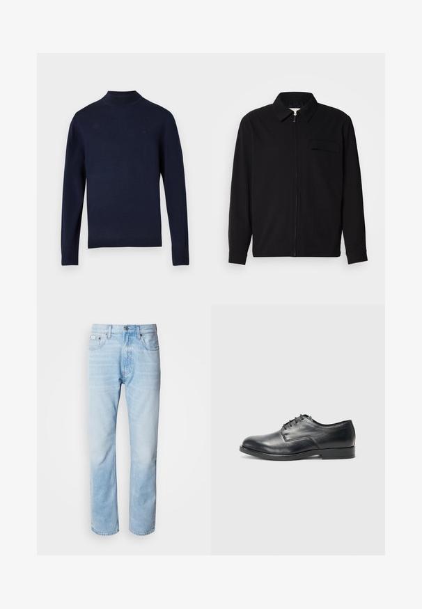 Juodas ilgomis rankovėmis marškinis, turintis apykaklės iškirptę, priekinį užtrauktuką ir krūtinės kišenę. Pagamintas iš tekstūruoto audinio, turinčio laisvą kirpimą.; Tamsiai mėlynas megztinis su aukštu kaklu, ilgomis rankovėmis ir iškiliais rankogaliais. Priekyje yra subtilus prekės ženklo logotipas. Lygus audinys.; Šviesiai mėlyni džinsai su tiesiomis kojomis, puošti išblukusių vietų, penkių kišenių dizainu ir klasikiniu mygtukų užsegimu.; Juodas odinis batų modelis su suapvalintu pirštu, plokščiu padu ir šešiomis akių skylutėmis raišteliams; lygus paviršius ir minimalistinis dizainas.