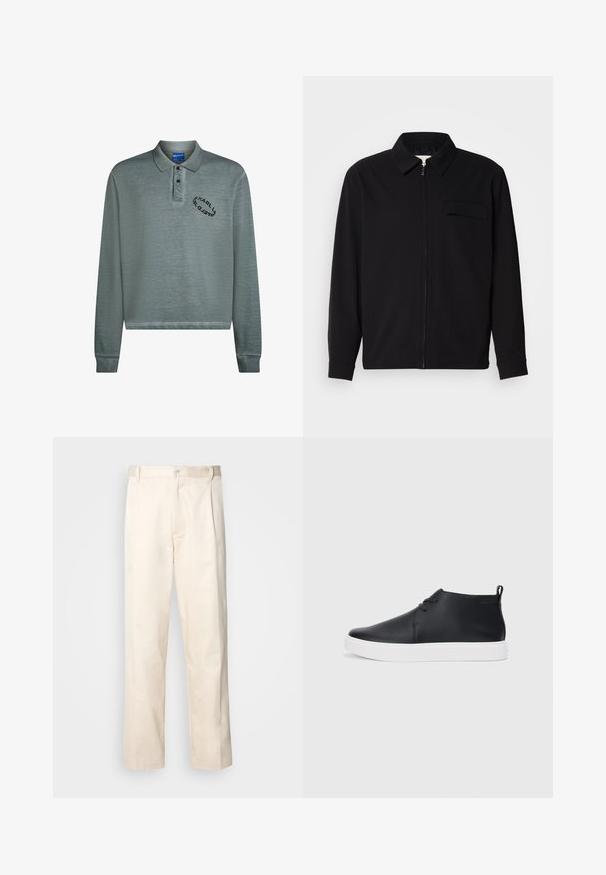Svart langermet skjorte med krage, frontlås og brystlomme. Laget av teksturert stoff med en avslappet passform.; Langermet polo i dempet teal, med ribbestrikket krage og mansjetter. Svart logo broderi på brystet. Mykt, teksturert stoff.; Beige bomullsbukser med rett benfatt, med knappelukking og folder foran for ekstra detaljer.; Svart skinnhøye sneakers med glatt finish, hvit gummisole og enkelt snøringdesign. Har en løftestropp bak.