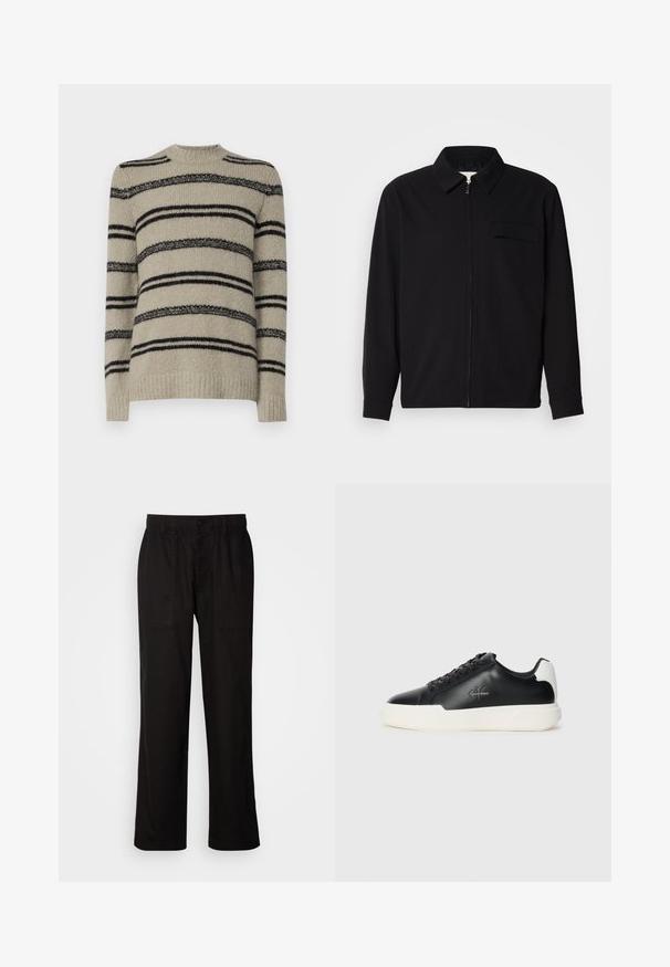 Black long-sleeve shirt featuring a collared neckline, front zip closure, and a chest pocket. Made of textured fabric with a relaxed fit.; Beige sweater with black stripes, knitted texture, crew neck design, and long sleeves. Features varying stripe thickness for detail.; Black pants with a relaxed fit, made from lightweight fabric. Features an elastic waistband, button closure, and two front pockets.; Black leather sneakers with white rubber sole. Features round toe, lace-up design, and logo detail on the side. Rear accent in white.
