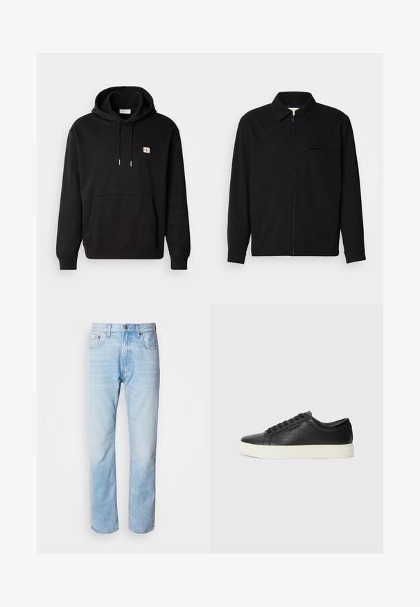Fekete, hosszú ujjú póló, gallérral, elülső cipzárral és mellzsebbel. Texturált anyagból készült, laza szabású.; Fekete kapucnis pulóver kenguru zsebből, állítható húzózsinórral ellátott kapucnival és egy kicsi logóval a mellrészen. Puha, texturált anyagból készült.; Világoskék farmernadrág egyenes fazonnal, kopott részletekkel, öt zsebes kialakítással és klasszikus gombos zipzárral.; Fekete bőr sportcipők perforált textúrával, kerek orral és lapos fehér gumi talppal. Fekete fűzőkkel és diszkrét logóval az oldalon.