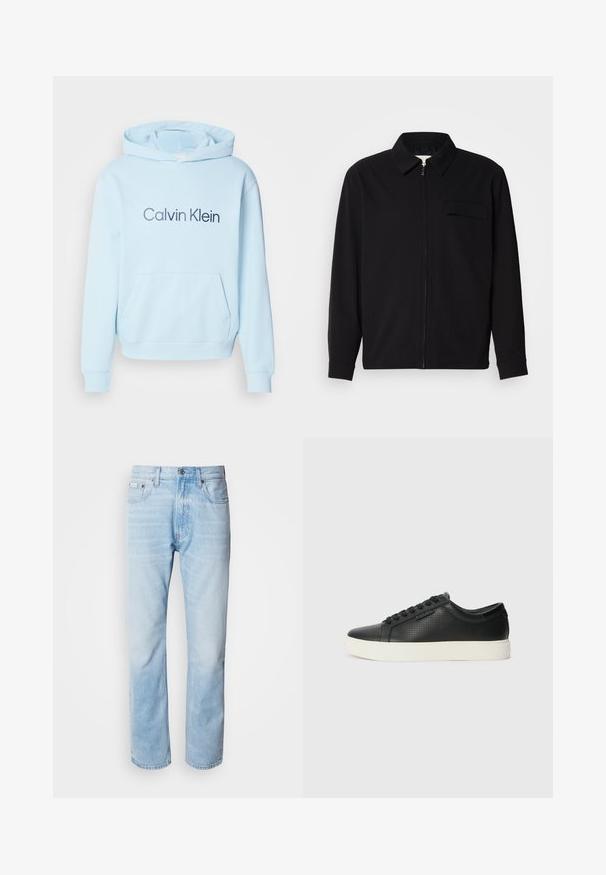 Černá dlouhá rukávová košile s límečkem, předním zipovým uzávěrem a kapsou na hrudi. Vyrobená z texturované tkaniny s uvolněným střihem.; Světle modrá mikina s kapucí vyrobená z měkké látky, s přední kapsou a výrazným logem "Calvin Klein" vytištěným tmavě modrou barvou.; Světle modré džíny s rovnou nohavicí, s vybledlými částmi, pěti kapsami a klasickým zapínáním na knoflík.; Černé kožené tenisky s perforovanou texturou, kulatou špičkou a plochou bílou gumovou podrážkou. Mají černé tkaničky a jemné logo na boční straně.