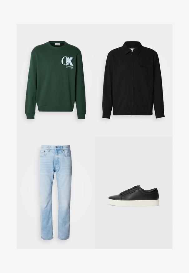 Cămașă neagră cu mânecă lungă, având guler, închidere cu fermoar pe față și buzunar pe piept. Fabricată dintr-un material texturat cu o croială lejeră.; Hanorac verde din bumbac cu mâneci lungi, guler rotund și logo-ul alb Calvin Klein pe piept. Textură netedă și manșete cu dungi.; Jeans din denim de culoare bleu deschis, cu croială dreaptă, prezentând secțiuni decolorate, design cu cinci buzunare și un sistem clasic de închidere cu buton.; Adidași din piele neagră cu textură perforată, vârf rotund și talpă plată din cauciuc alb. Au șireturi negre și un logo subtil pe lateral.