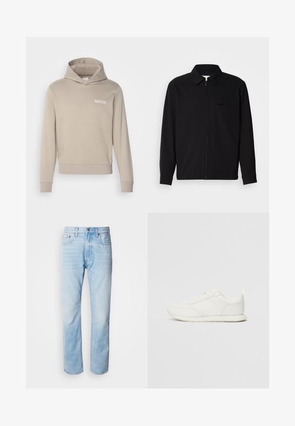 Fekete, hosszú ujjú póló, gallérral, elülső cipzárral és mellzsebbel. Texturált anyagból készült, laza szabású.; Beige kapucnis pulcsi laza szabással, elülső zsebbel, bordázott mandzsettákkal és egy kis fehér logóval a mellkason. Puha pamutkeverék anyag.; Fehér pamut póló, kerek nyakkal, rövid ujjakkal és hímezett "Calvin Klein" logóval a mellkas közepén. Egyszerű design.; Világoskék farmernadrág egyenes fazonnal, kopott részletekkel, öt zsebes kialakítással és klasszikus gombos zipzárral.; Fehér sneaker hálós és szintetikus felsőrésszel, kerek orral, lapos fűzőkkel és textúrázott oldalsávval. Gumi talp hátul húzófüllel.