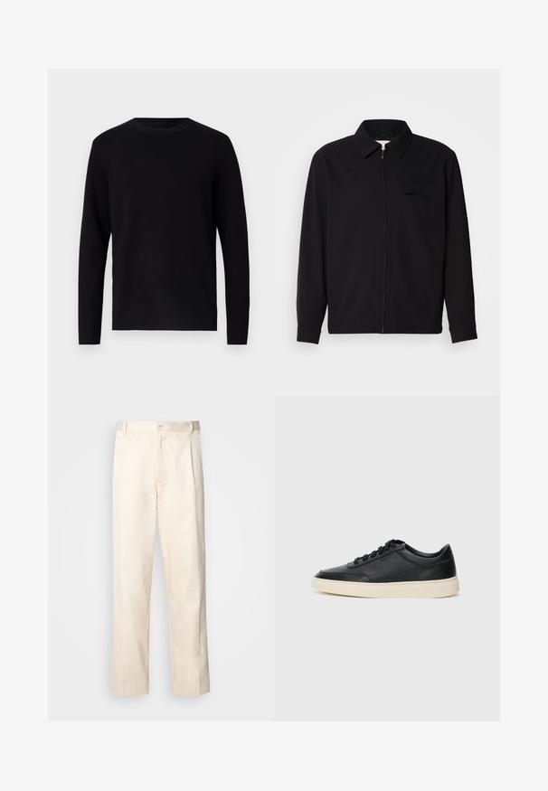 Svart langermet skjorte med krage, frontlås og brystlomme. Laget av teksturert stoff med en avslappet passform.; Svart strikkegenser med rund hals og lange ermer. Jevn tekstur og ensfarget, uten synlige mønstre eller detaljer.; Beige bomullsbukser med rett benfatt, med knappelukking og folder foran for ekstra detaljer.; Svarte lavtopp lær sneakers med svarte snører og off-white såle vist i sidesyn på hvit bakgrunn.