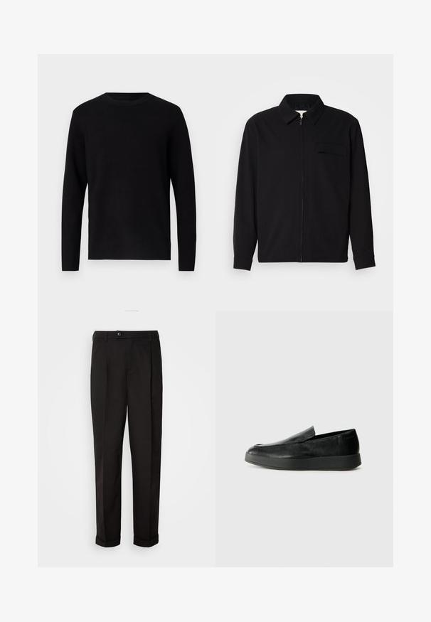 Melna garām piedurknēm krekls ar apkakles izgriezumu, priekšējo rāvējslēdzēju un krūšu kabatu. Izgatavots no teksturēta auduma ar brīvu piegriezumu.; Melna adīta džemperis ar apaļu izgriezumu un garām piedurknēm. Gluda tekstūra un vienkrāsaina, bez redzamām rakstām vai akcentiem.; Melnas bikses ar gludu tekstūru, diviem priekšējiem kabatām, taisnas griezuma un ar vienu pogu vidukļa daļā.; Calvin Klein HYBRID CUP - Čības - triple black