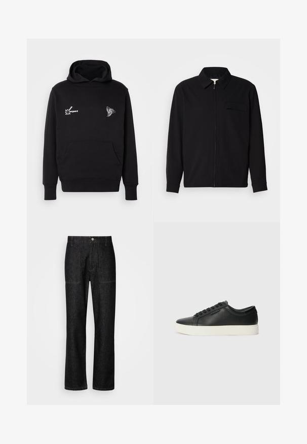 Maglietta nera a maniche lunghe con colletto, chiusura frontale con zip e taschino sul petto. Realizzata in tessuto testurizzato con una vestibilità rilassata.; Felpa nera con cappuccio e tasca frontale a marsupio. Presenta testo bianco ed elementi grafici geometrici sul petto. Realizzata in morbido cotone.; T-shirt bianca in cotone con scollo rotondo, maniche corte e logo ricamato "Calvin Klein" al centro del petto. Design semplice.; Pantaloni in denim nero con gamba dritta, cuciture visibili e chiusura frontale con bottone. Include due tasche laterali e due tasche posteriori.; Sneaker nere in pelle con texture perforata, punta tonda e suola piatta in gomma bianca. Presentano lacci neri e un logo discreto sul lato.