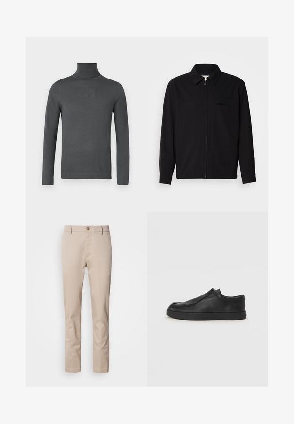 Black long-sleeve shirt featuring a collared neckline, front zip closure, and a chest pocket. Made of textured fabric with a relaxed fit.; Dark gray, long-sleeve turtleneck sweater with fitted cuffs and a smooth, fine knit texture on a white background.; Beige cotton chinos with a straight fit, belt loops, a single front button, and a smooth, untextured surface. No pockets are visible.; Black leather slip-on shoe with a rounded toe, stitched detailing, and black rubber sole. Smooth texture with minimalistic design.