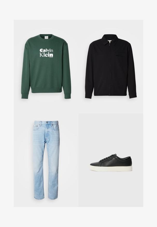 Černá dlouhá rukávová košile s límečkem, předním zipovým uzávěrem a kapsou na hrudi. Vyrobená z texturované tkaniny s uvolněným střihem.; Zelená Mikina ze směsi bavlny, s kulatým výstřihem a žebrovanými manžetami. Na přední straně zobrazuje bílé logo "Calvin Klein".; Světle modré džíny s rovnou nohavicí, s vybledlými částmi, pěti kapsami a klasickým zapínáním na knoflík.; Černé kožené tenisky s perforovanou texturou, kulatou špičkou a plochou bílou gumovou podrážkou. Mají černé tkaničky a jemné logo na boční straně.