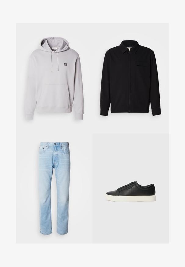 Cămașă neagră cu mânecă lungă, având guler, închidere cu fermoar pe față și buzunar pe piept. Fabricată dintr-un material texturat cu o croială lejeră.; Hanorac gris deschis cu glugă, fabricat din bumbac, având un buzunar frontal, manșete și o mică etichetă cu logo pe piept. Textură netedă.; Jeans din denim de culoare bleu deschis, cu croială dreaptă, prezentând secțiuni decolorate, design cu cinci buzunare și un sistem clasic de închidere cu buton.; Adidași din piele neagră cu textură perforată, vârf rotund și talpă plată din cauciuc alb. Au șireturi negre și un logo subtil pe lateral.