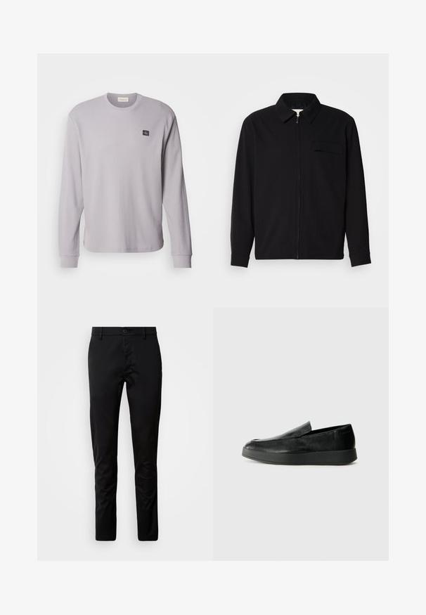 Schwarzes Langarmshirt mit Kragen, Frontreißverschluss und Brusttasche. Aus strukturiertem Stoff mit entspannter Passform.; Langärmliges graues Waffelstrickshirt mit rundem Halsausschnitt und gerippten Bündchen; besitzt ein kleines schwarzes Logopatch auf der linken Brust.; Schwarze Hose mit schmaler Passform, aus glattem Material gefertigt. Verfügt über einen Bund mit Knopfverschluss und gerade geschnittenen Beinen.; Calvin Klein HYBRID CUP - Slipper - triple black
