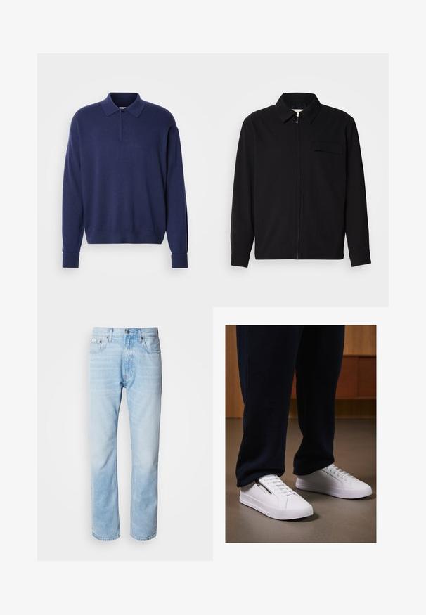 Svart långärmad skjorta med krage, framfickslås och bröstficka. Tillverkad av strukturerad tyg med avslappnad passform.; Marinblå pullovertröja med krage, långa ärmar och ribbade muddar. Mjuk textur med en avslappnad passform och en treknapps knäppning.; Ljusblå denimjeans med rak benprofil, som har blekta sektioner, femficksdesign och en klassisk knäppning.; Vita sneakers i slät läderfinish, platt sula och snördesign. Sidozipperdetalj för ökad funktionalitet. I kombination med mörka joggers.