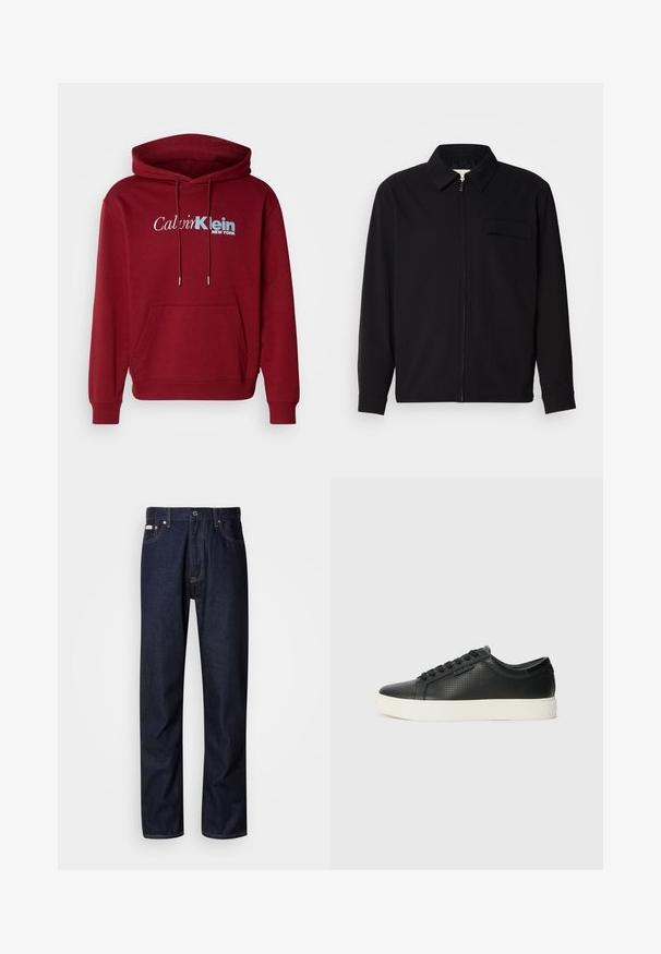 Schwarzes Langarmshirt mit Kragen, Frontreißverschluss und Brusttasche. Aus strukturiertem Stoff mit entspannter Passform.; Burgunderfarbener Kapuzenpullover aus Fleece mit einer Kängurutasche, gerippten Bündchen und dem Logo "Calvin Klein NEW YORK" in Weiß und Blau.; Dunkelblaue Denim-Jeans mit geradem Bein, ausgestattet mit einem Knopfverschluss, fünf Taschen und kontrastierenden Nähten.; Schwarze Leder-Sneaker mit perforierter Textur, runder Zehenpartie und flacher, weißer Gummisohle. Mit schwarzen Schnürsenkeln und einem dezenten Logo an der Seite.