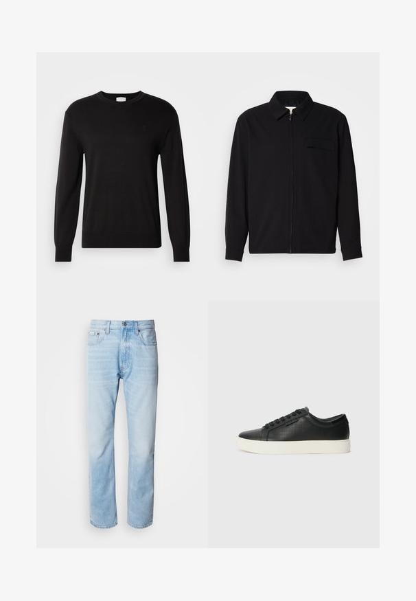 Schwarzes Langarmshirt mit Kragen, Frontreißverschluss und Brusttasche. Aus strukturiertem Stoff mit entspannter Passform.; Schwarzer Rundhalsausschnitt-Pullover aus weichem Strickstoff. Verfügt über lange Ärmel und ein dezentes Logo auf der Brust. Klassische Passform und glatte Textur.; Hellblaue Jeans aus Denim mit geradem Schnitt, die verblasste Abschnitte, ein Fünf-Taschen-Design und einen klassischen Knopfverschluss aufweisen.; Schwarze Leder-Sneaker mit perforierter Textur, runder Zehenpartie und flacher, weißer Gummisohle. Mit schwarzen Schnürsenkeln und einem dezenten Logo an der Seite.