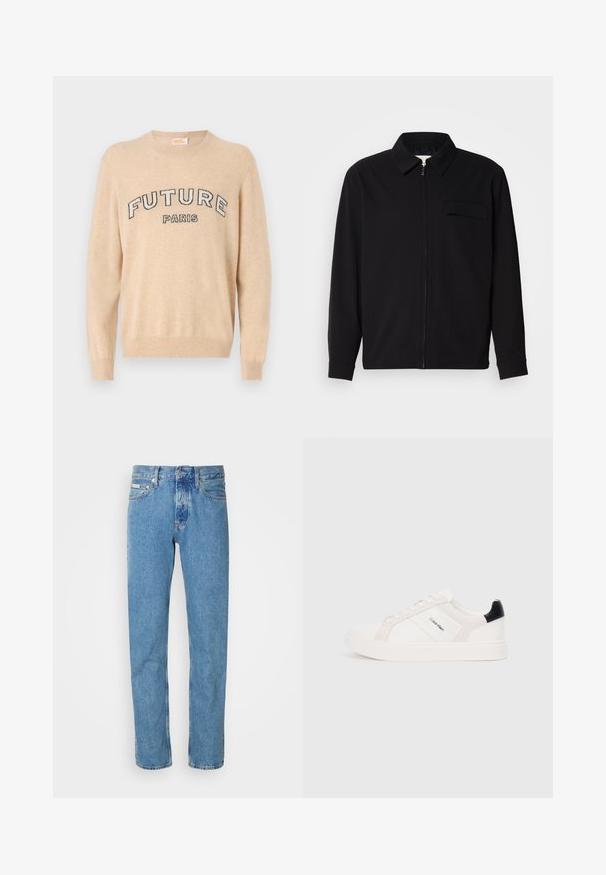 Juodas ilgomis rankovėmis marškinis, turintis apykaklės iškirptę, priekinį užtrauktuką ir krūtinės kišenę. Pagamintas iš tekstūruoto audinio, turinčio laisvą kirpimą.; Šviesiai rudas megztinis, pagamintas iš minkštos medžiagos, su apvaliu iškirpimu, ilgomis rankovėmis ir tamsiais simboliais užrašu "FUTURE PARIS" krūtinėje.; Šviesiai mėlyni džinsai su tiesiais džinsų kirpimu, su klasikiniu penkių kišenių dizainu ir sagčių uždarymu juosmens srityje. Nėra išskirtinių raštų.; Baltai sportbačiai su šviesiai rožiniais ir juodais akcentais, turintys lygaus odos ir zomšo panelius, apvalią noselę ir plokščią gumos padą.