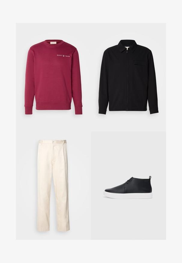 Cămașă neagră cu mânecă lungă, având guler, închidere cu fermoar pe față și buzunar pe piept. Fabricată dintr-un material texturat cu o croială lejeră.; GANT Bluză de molton - rich wine; Pantaloni din bumbac bej, cu croială dreaptă, dotati cu închidere cu nasture și pliuri în față pentru un plus de detaliu.; Adidași negri din piele, cu vârf înalt, finisaj neted, talpă din cauciuc alb și un design simplu cu șireturi. Au un tab de prindere în partea din spate.
