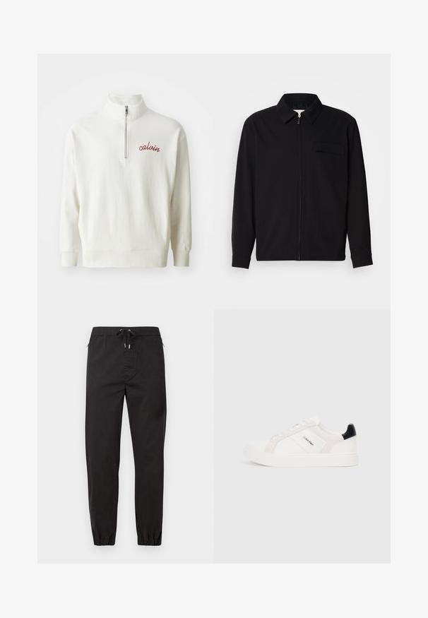 Melna garām piedurknēm krekls ar apkakles izgriezumu, priekšējo rāvējslēdzēju un krūšu kabatu. Izgatavots no teksturēta auduma ar brīvu piegriezumu.; Gaišs krēms melnas sporta krekls ar augstu apkakli, pus-īsu rāvējslēdzēju un izšūtu sarkanu "calvin" logo uz krūšu. Mīksta tekstūra, brīva piegriezuma.; Melni, sašaurināti bikses no viegla auduma. Tām ir elastīga josta ar auklu, sānu kabatas un elastīgi uzmavas potītēs.; Baltās kedas ar gaiši rozā un melniem akcentiem, ar gludu ādu un zamšādas paneļiem, apaļu purngalu un plakanu gumijas zoli.