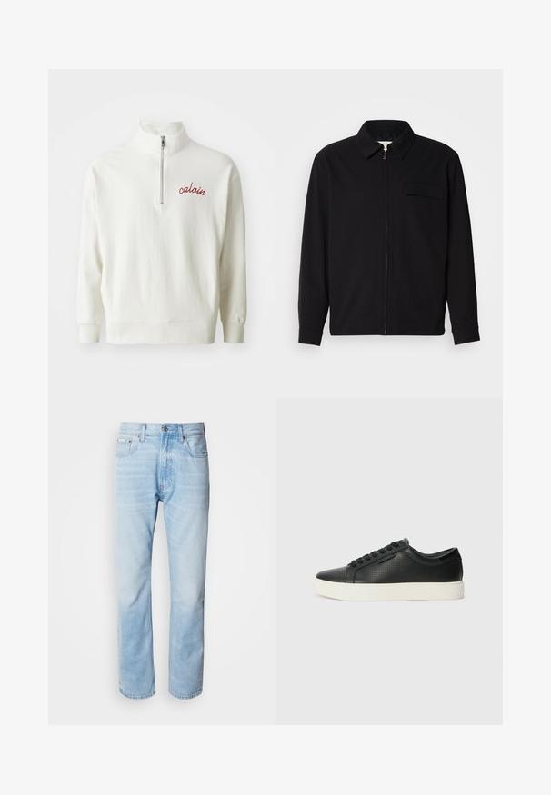 Juodas ilgomis rankovėmis marškinis, turintis apykaklės iškirptę, priekinį užtrauktuką ir krūtinės kišenę. Pagamintas iš tekstūruoto audinio, turinčio laisvą kirpimą.; Šviesiai kreminis megztinis su aukštu apykaklę, pusiau užtrauktuku ir siuvinėtu raudonu "calvin" logotipu krūtinėje. Minkšta tekstūra, laisvas siluetas.; Šviesiai mėlyni džinsai su tiesiomis kojomis, puošti išblukusių vietų, penkių kišenių dizainu ir klasikiniu mygtukų užsegimu.; Juodi odiniai sportbačiai su perforuotu paviršiumi, apvaliu pirštu ir plokščiu baltu guminiu padu. Yra juodos raišteliai ir subtili logotipo detalė šone.