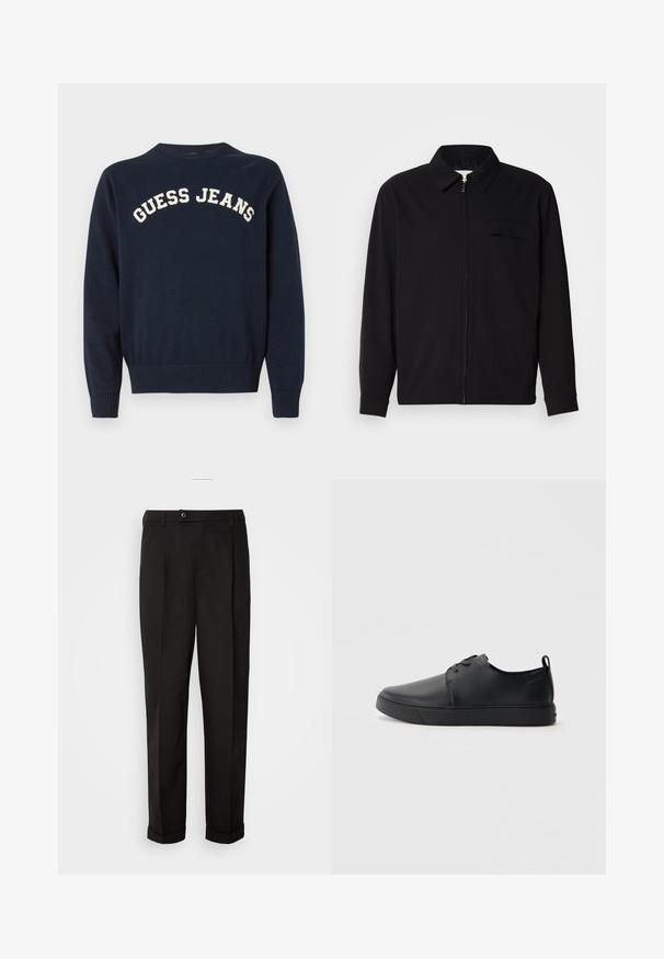 Chemise noire à manches longues avec un col, fermeture éclair à l'avant et une poche poitrine. Fabriquée en tissu texturé avec une coupe décontractée.; Pull en maille bleu marine avec un col rond et des poignets côtelés, avec "GUESS JEANS" brodé en crème sur la poitrine.; Pantalon noir au toucher lisse, avec une coupe droite, deux poches avant et une fermeture à bouton unique à la taille.; Baskets en cuir noir avec une finition lisse, bout arrondi, coutures ton sur ton, devant à lacets et semelle plate en caoutchouc. Anse au talon.