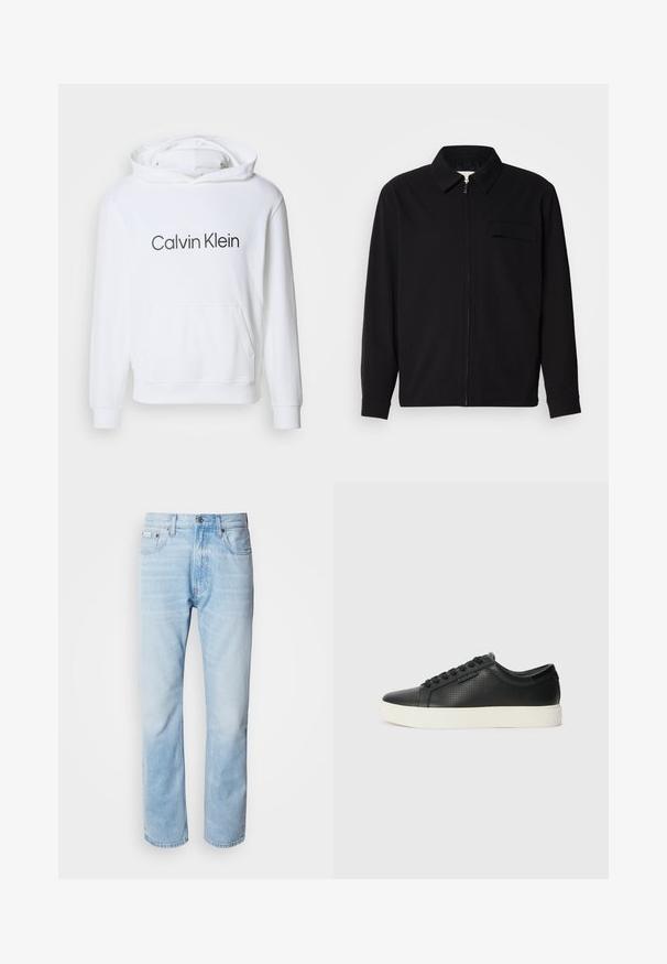 Black long-sleeve shirt featuring a collared neckline, front zip closure, and a chest pocket. Made of textured fabric with a relaxed fit.; White hoodie with a front pocket, featuring "Calvin Klein" printed in dark gray text across the chest. Made from soft fabric.; Light blue denim jeans with a straight leg cut, featuring faded sections, five-pocket design, and a classic button fly.; Black leather sneakers with perforated texture, round toe, and flat white rubber sole. Features black laces and a subtle logo on the side.