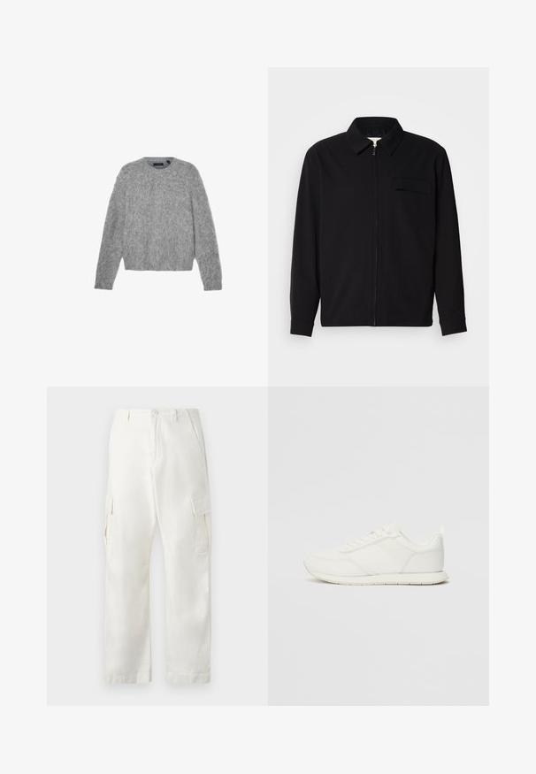 Chemise noire à manches longues avec un col, fermeture éclair à l'avant et une poche poitrine. Fabriquée en tissu texturé avec une coupe décontractée.; Pull gris à manches longues en matière pelucheuse avec un col rond et une coupe courte. Texture lisse avec une apparence douce et légère.; Pantalons cargo blancs en coton, avec une coupe droite, deux poches latérales et deux poches cargo sur les cuisses.; Sneaker blanche avec une tige en mesh et en synthétique, bout rond, lacets plats et une bande latérale texturée. Semelle en caoutchouc avec une languette à l'arrière.