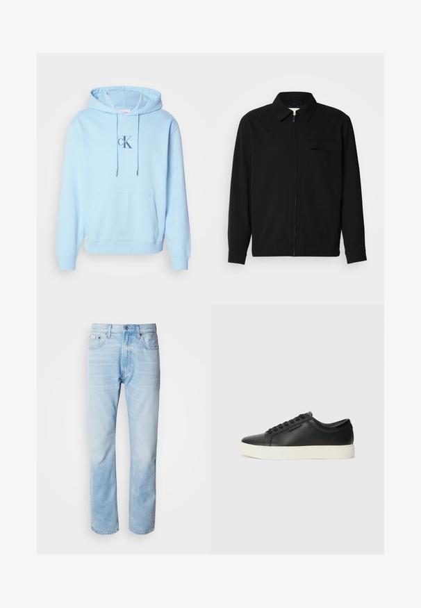 Maglietta nera a maniche lunghe con colletto, chiusura frontale con zip e taschino sul petto. Realizzata in tessuto testurizzato con una vestibilità rilassata.; Felpa con cappuccio di colore blu chiaro, realizzata in morbido misto cotone, dotata di tasca frontale a marsupio e di un logo stampato di Calvin Klein sul petto.; Jeans in denim blu chiaro con taglio dritto, caratterizzati da sezioni sbiadite, design a cinque tasche e iconico bottone di chiusura.; Sneaker nere in pelle con texture perforata, punta tonda e suola piatta in gomma bianca. Presentano lacci neri e un logo discreto sul lato.