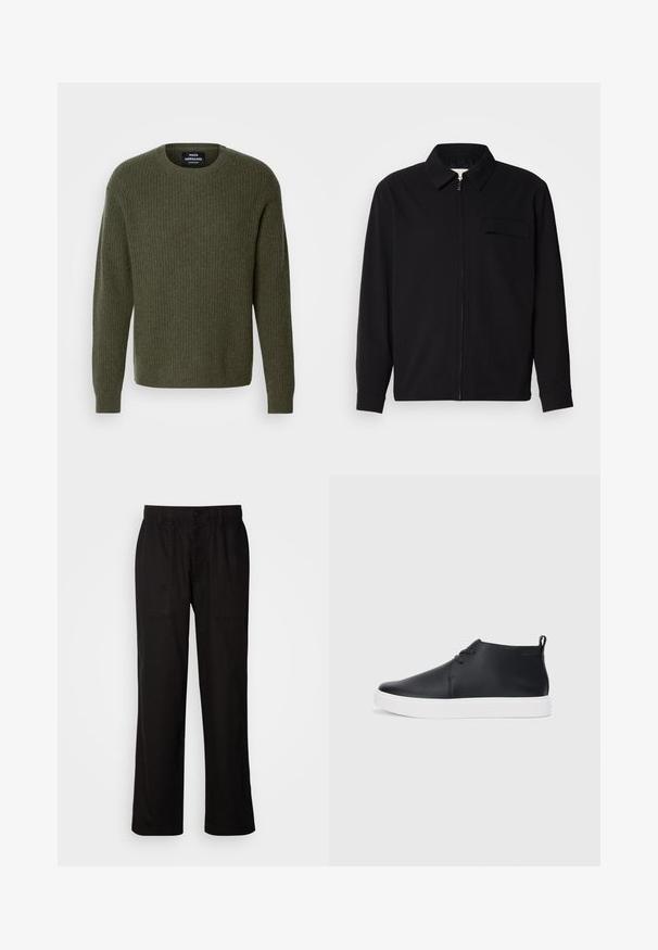 Melna garām piedurknēm krekls ar apkakles izgriezumu, priekšējo rāvējslēdzēju un krūšu kabatu. Izgatavots no teksturēta auduma ar brīvu piegriezumu.; Olīvu zaļš adīts džemperis ar vīļņu tekstūru, apaļu kaklu un garām piedurknēm. Minimālistisks dizains bez redzamām rakstu vai rotājumu detaļām.; Melnas bikses ar brīvu piegriezumu, izgatavotas no viegla auduma. Tām ir elastīga jostasvieta, pogu aizdare un divas priekšējās kabatas.; Melnas ādas augstas tenisa kurpes ar gludu apdari, baltu gumijas zoli un vienkāršu šņorēšanas dizainu. Aizmugurē ir vilkšanas cilpa.