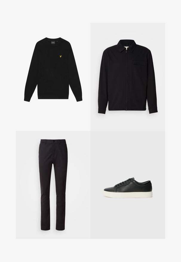 Juodas ilgomis rankovėmis marškinis, turintis apykaklės iškirptę, priekinį užtrauktuką ir krūtinės kišenę. Pagamintas iš tekstūruoto audinio, turinčio laisvą kirpimą.; Juodas medvilninis džemperis su ilgomis rankovėmis ir apvaliamm kaklu. Yra mažas geltonas erelio logotipas ant krūtinės. Minkšta tekstūra.; Juodi kelnes pagamintos iš lygaus audinio, su mygtuko uždarymu, standartine juosmens linija ir tiesiomis kojomis. Nėra matomų raštų ar dekoracijų.; Juodi odiniai sportbačiai su perforuotu paviršiumi, apvaliu pirštu ir plokščiu baltu guminiu padu. Yra juodos raišteliai ir subtili logotipo detalė šone.