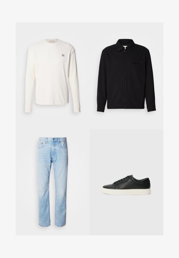 Maglietta nera a maniche lunghe con colletto, chiusura frontale con zip e taschino sul petto. Realizzata in tessuto testurizzato con una vestibilità rilassata.; T-shirt termico bianco a maniche lunghe con texture a coste, con un piccolo patch logo beige sul petto e polsini aderenti.; Jeans in denim blu chiaro con taglio dritto, caratterizzati da sezioni sbiadite, design a cinque tasche e iconico bottone di chiusura.; Sneaker nere in pelle con texture perforata, punta tonda e suola piatta in gomma bianca. Presentano lacci neri e un logo discreto sul lato.