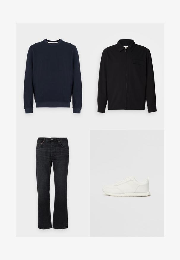Camisa negra de manga larga que presenta un cuello con solapa, cierre frontal con cremallera y un bolsillo en el pecho. Fabricada con una tela texturizada y un corte holgado.; Sudadera de cuello redondo de color azul marino hecha de tejido de punto, con mangas largas y puños y dobladillo de canalé. Diseño minimalista sin patrones ni gráficos.; Jeans de mezclilla negra con corte recto, cinco bolsillos y detalles en costura naranja. Textura suave y mínimas marcas de desgaste.; Zapatilla blanca con parte superior de malla y sintético, puntera redonda, cordones planos y una franja lateral texturizada. Suela de goma con un tirador en la parte posterior.
