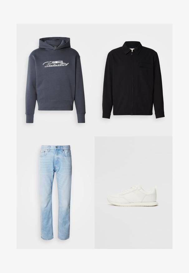 Black long-sleeve shirt featuring a collared neckline, front zip closure, and a chest pocket. Made of textured fabric with a relaxed fit.; Hooded sweatshirt in dark grey, featuring white script text "CITY SUMMER Paradise" on the front. Soft fabric, ribbed cuffs, and hem.; Light blue denim jeans with a straight leg cut, featuring faded sections, five-pocket design, and a classic button fly.; White sneaker with a mesh and synthetic upper, round toe, flat laces, and a textured side stripe. Rubber sole with a pull tab at the back.