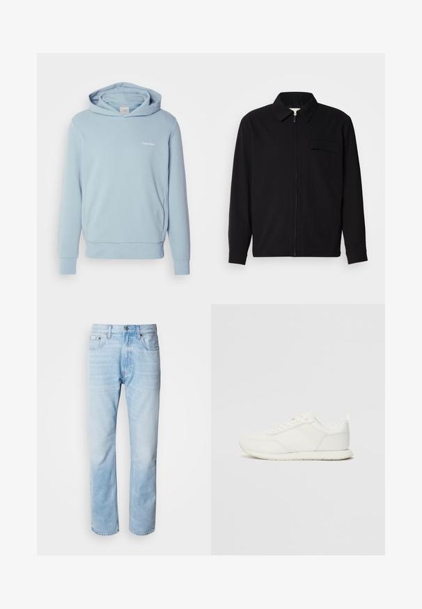 Melna garām piedurknēm krekls ar apkakles izgriezumu, priekšējo rāvējslēdzēju un krūšu kabatu. Izgatavots no teksturēta auduma ar brīvu piegriezumu.; Gaiši zils kapucīns no mīksta kokvilnas maisījuma, ar smalku Calvin Klein logo uz krūtīm un ribotām piedurknēm un apakšmalu.; Balta kokvilnas T-kreklu ar apaļu kaklu, īsām piedurknēm un izšūtu "Calvin Klein" logotipu krūšu centrā. Vienkāršs dizains.; Gaiši zili denima džinsi ar taisnu kāju griezumu, ar izbalējušām sekcijām, piecu kabatu dizainu un klasisko pogu aizdari.; Baltie sporta apavi ar mežģīņu un sintētisko augšdaļu, apaļu purngalu, plakanu mežģīņu un teksturētu sānu joslu. Gumijas zole ar cilpu aizmugurē.