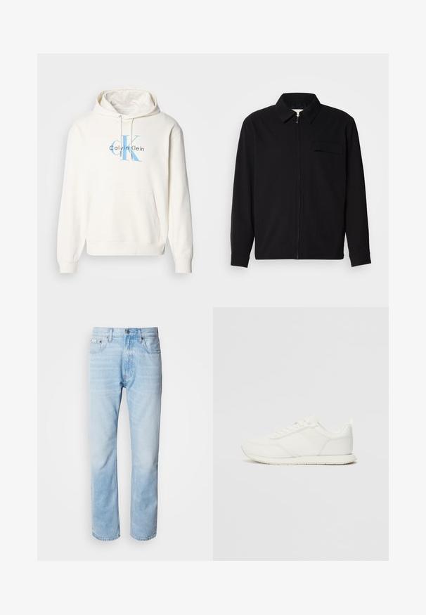Maglietta nera a maniche lunghe con colletto, chiusura frontale con zip e taschino sul petto. Realizzata in tessuto testurizzato con una vestibilità rilassata.; Felpa color crema con tasca frontale, cappuccio con cordino e logo blu di Calvin Klein stampato sul petto. Materiale in cotone morbido.; Jeans in denim blu chiaro con taglio dritto, caratterizzati da sezioni sbiadite, design a cinque tasche e iconico bottone di chiusura.; Sneaker bianco con tomaia in rete e materiale sintetico, punta tonda, lacciuoli piatti e una striscia laterale testurizzata. Suola in gomma con linguetta sul retro.