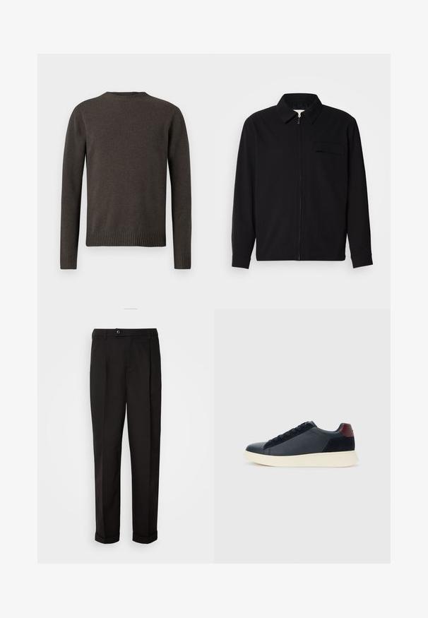 Juodas ilgomis rankovėmis marškinis, turintis apykaklės iškirptę, priekinį užtrauktuką ir krūtinės kišenę. Pagamintas iš tekstūruoto audinio, turinčio laisvą kirpimą.; Tamsiai pilkas megztinis, apvalia iškirpte, ilgomis rankovėmis, su suminėmis rankogaliais ir apvadu. Lygus paviršius, vidutinio storio ir minimalistiškas dizainas.; Juodos kelnės su lygiu paviršiumi, tiesaus kirpimo, su dviem priekinių kišenių ir vieno mygtuko uždarymu juosmenyje.; Juodos odinės ir zomšinės vyriškos žemos sportinės avalynės su bordo spalvos kulkšnių juostele ir balto kaučiuko padu vaizdas iš išorės.