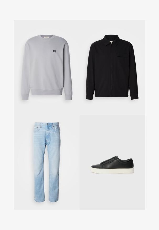 Maglietta nera a maniche lunghe con colletto, chiusura frontale con zip e taschino sul petto. Realizzata in tessuto testurizzato con una vestibilità rilassata.; Felpa grigia chiara realizzata in cotone misto. Presenta maniche lunghe, scollo rotondo e un piccolo logo ricamato sul petto. Texture morbida.; Jeans in denim blu chiaro con taglio dritto, caratterizzati da sezioni sbiadite, design a cinque tasche e iconico bottone di chiusura.; Sneaker nere in pelle con texture perforata, punta tonda e suola piatta in gomma bianca. Presentano lacci neri e un logo discreto sul lato.