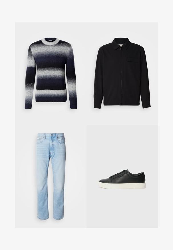 Fekete, hosszú ujjú póló, gallérral, elülső cipzárral és mellzsebbel. Texturált anyagból készült, laza szabású.; Sötétkék és szürke kötött pulóver, vízszintes csíkokkal. Kerek nyakú, hosszú ujjú, puha textúrával és bordás mandzsettával.; Világoskék farmernadrág egyenes fazonnal, kopott részletekkel, öt zsebes kialakítással és klasszikus gombos zipzárral.; Fekete bőr sportcipők perforált textúrával, kerek orral és lapos fehér gumi talppal. Fekete fűzőkkel és diszkrét logóval az oldalon.