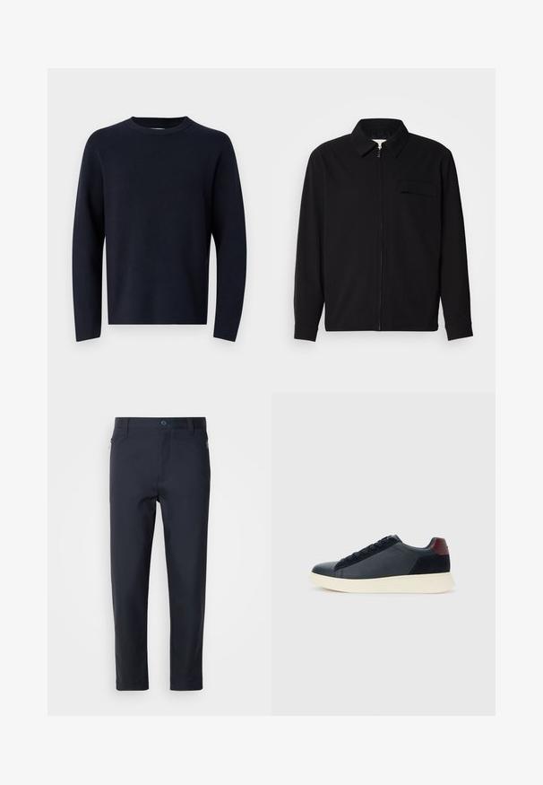 Chemise noire à manches longues avec un col, fermeture éclair à l'avant et une poche poitrine. Fabriquée en tissu texturé avec une coupe décontractée.; Pull en bleu marine, col rond, manches longues, fabriqué en tissu doux avec une texture lisse. Design simple, sans motifs ni quincaillerie visibles.; Pantalons ajustés bleu marine en tissu lisse, dotés d'une poche zippée, de jambes droites et d'un bouton de fermeture à la taille.; Baskets basses pour hommes en cuir noir et daim avec un tirant de talon bordeaux et une semelle en caoutchouc blanche, vues depuis le côté extérieur.