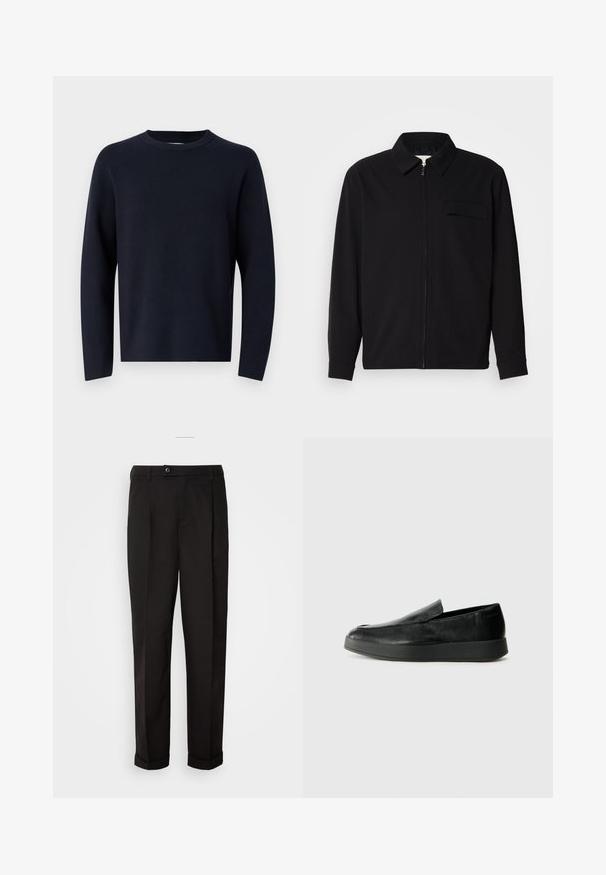 Svart langermet skjorte med krage, frontlås og brystlomme. Laget av teksturert stoff med en avslappet passform.; Mørkeblå genser, rund hals, lange ermer, laget av mykt stoff med en glatt tekstur. Enkelt design, ingen synlige mønstre eller utstyr.; Sorte bukser med en glat tekstur, der har lige snit, to forlommer og en enkelt knaplukning i taljen.; Calvin Klein HYBRID CUP - Slippers - triple black