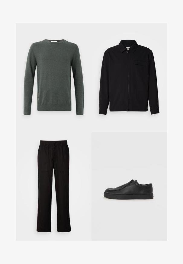 Fekete, hosszú ujjú póló, gallérral, elülső cipzárral és mellzsebbel. Texturált anyagból készült, laza szabású.; Sötétzöld, hosszú ujjas pulóver puha, texturált anyagból, kerek nyakkal és bordás mandzsettával, illetve hem-nel. Egyszerű, klasszikus dizájn.; Fekete, laza szabású nadrág, könnyű anyagból készült. Rugalmas derékkal, gombos záródással és két elülső zsebbel rendelkezik.; Fekete bőr slip-on cipő lekerekített orral, varrott részletekkel és fekete gumitalppal. Simaság és minimalista dizájn jellemzi.
