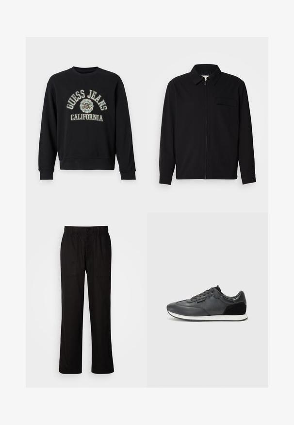 Black long-sleeve shirt featuring a collared neckline, front zip closure, and a chest pocket. Made of textured fabric with a relaxed fit.; Black sweatshirt made of cotton, featuring a round neck, long sleeves, and a front graphic with "GUESS JEANS CALIFORNIA" in contrasting colors.; Black pants with a relaxed fit, made from lightweight fabric. Features an elastic waistband, button closure, and two front pockets.; Black athletic sneakers featuring a leather upper with perforated detailing, suede accents, and a white rubber sole. Classic lace-up design.