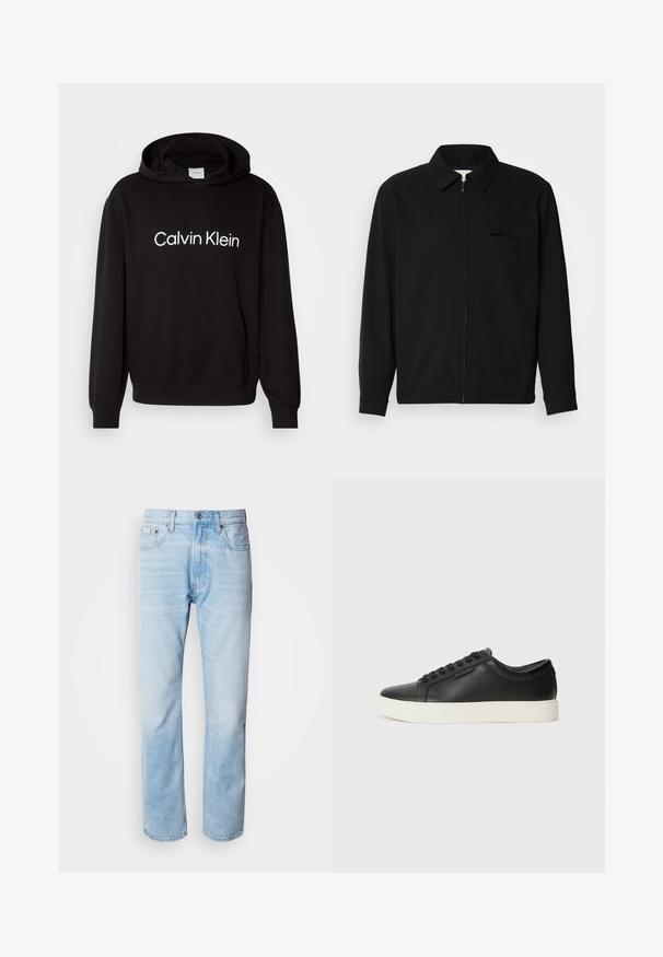 Svart langermet skjorte med krage, frontlås og brystlomme. Laget av teksturert stoff med en avslappet passform.; Svart bomullshoodie med lomme foran, med hvit "Calvin Klein" logo over brystet og ribbestrikkede mansjetter og nederkant.; Lyseblå denimjeans med strak benkutt, med falmede seksjoner, femlommerdesign og en klassisk knappestol.; Sorte lær sneakers med perforert tekstur, rund tå og flat hvit gummisåle. Har sorte snørebånd og en subtil logo på siden.