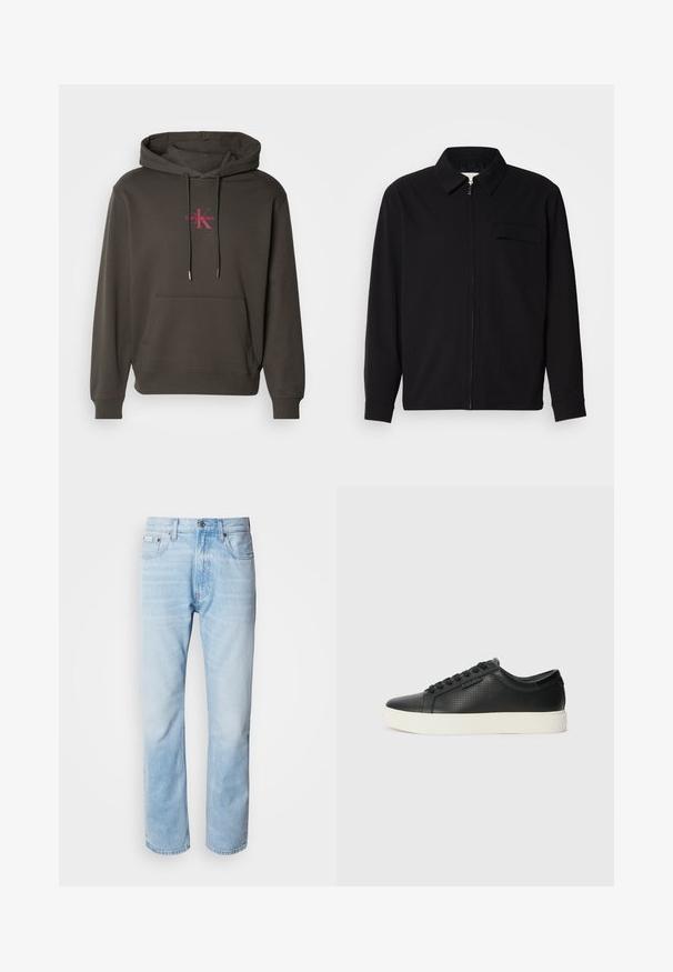 Schwarzes Langarmshirt mit Kragen, Frontreißverschluss und Brusttasche. Aus strukturiertem Stoff mit entspannter Passform.; Dunkelgrauer Kapuzenpullover mit einer Fronttasche, Kordelzugkapuze und pinkem Calvin Klein-Logo auf der Brust. Aus weichem Baumwollmaterial.; Hellblaue Jeans aus Denim mit geradem Schnitt, die verblasste Abschnitte, ein Fünf-Taschen-Design und einen klassischen Knopfverschluss aufweisen.; Schwarze Leder-Sneaker mit perforierter Textur, runder Zehenpartie und flacher, weißer Gummisohle. Mit schwarzen Schnürsenkeln und einem dezenten Logo an der Seite.