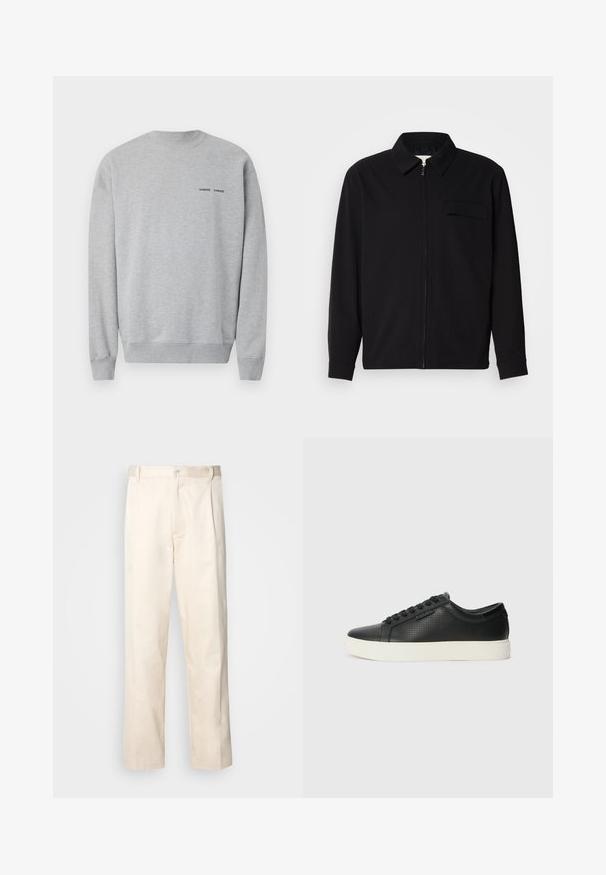 Čierna košeľa s dlhým rukávom, so golierom, predným zipsom a vreckom na hrudi. Vyrobená z textúrovanej tkaniny s voľným strihom.; Šedá mikina z bavlnenej zmesi, so ribovaným výstrihom a manžetami. Malý čierny nápis s logom na hrudi. Hladká textúra a voľný strih.; Béžové bavlnené nohavice so strihom rovného nohu, s gombíkovým zapínaním a záhybmi vpredu pre pridanie detailu.; Čierne kožené tenisky s perforovanou textúrou, okrúlym špičkou a plochou bielou gumovou podrážkou. Obsahujú čierne šnúrky a diskrétny logo na boku.