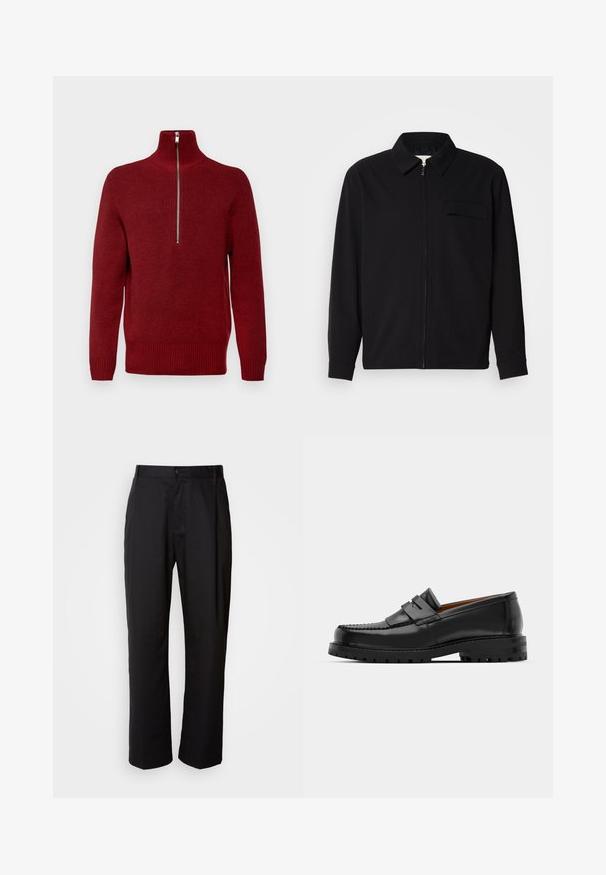 Schwarzes Langarmshirt mit Kragen, Frontreißverschluss und Brusttasche. Aus strukturiertem Stoff mit entspannter Passform.; Roter Zip-Kragen-Pullover mit strukturiertem Strickmuster, langen Ärmeln, gerippten Bündchen und Saum, mit einem silbernen Reißverschluss am Kragen.; Schwarze Hosen mit geradem Schnitt, aus leichtem Stoff gefertigt. Verfügt über einen vorderen Knopfverschluss und zwei seitliche Taschen; glatte Textur.; Schwarze Lederloafer verfügen über eine erhöhte Naht, zwei dekorative Riemen im oberen Bereich und eine dicke, strukturierte Sohle für zusätzlichen Halt.