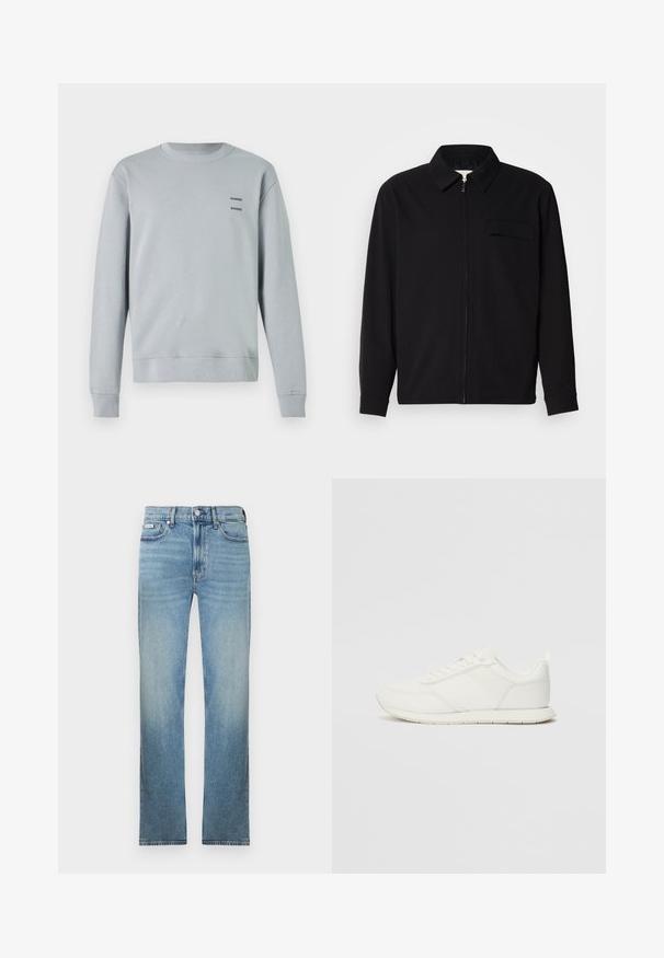 Črna dolgoročna majica z ovratnikom, sprednjim zadrgo in žepom na prsih. Narejena iz teksturirane tkanine z sproščenim krojem.; Svetlo siva majica s kapuljačom, izdelana iz mehkega blaga, s krožnim izrezom, ribastimi manšeti in robom, ter dvema črnima logoma "SAMSØE" na prsih.; Svetlo modre kavbojke iz jeansa s pravim krojem hlačnic, z zasnovo s petimi žepi in bledenim zaključkom. Imajo zadrgo s gumbi in zanke za pas.; Bela tenisa z mrežasto in sintetično zgornjo plastjo, okroglo oblikovano prstno območje, ravne vezalke in teksturirana stranska črta. Gumijast podplat z zanko na hrbtni strani.