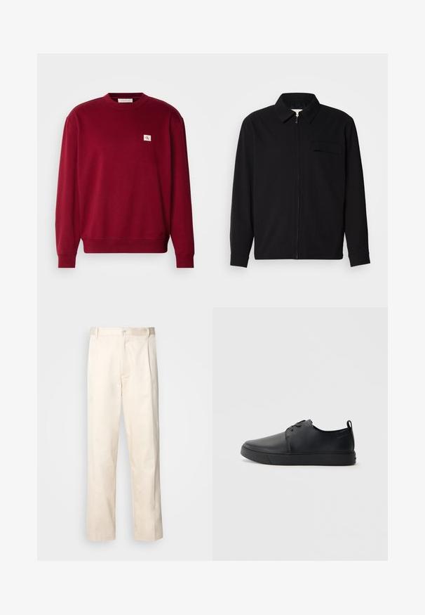 Črna dolgoročna majica z ovratnikom, sprednjim zadrgo in žepom na prsih. Narejena iz teksturirane tkanine z sproščenim krojem.; Rdeča majica s kapuco iz mehkega materiala, z okroglim izrezom, dolgimi rokavi in majhnim vezenim logotipom na zgornjem levem prsnem delu.; Bež cottone hlače s ravnim krojem, ki imajo gumbasto zapiranje in nabore spredaj za dodatne detajle.; Črne usnjene športne čevlje z gladko površino, okroglo oblikovano nosilo, toniranim šivanjem, vezanjem spredaj in ravnim gumijastim podplatom. Zanko na peti.