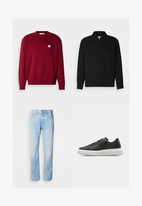 Maglietta nera a maniche lunghe con colletto, chiusura frontale con zip e taschino sul petto. Realizzata in tessuto testurizzato con una vestibilità rilassata.; Felpa rossa realizzata in tessuto morbido, con scollo rotondo, maniche lunghe e un piccolo logo ricamato sul lato superiore sinistro del petto.; Jeans in denim blu chiaro con taglio dritto, caratterizzati da sezioni sbiadite, design a cinque tasche e iconico bottone di chiusura.; Sneaker in pelle nera con finitura liscia, suola in gomma bianca, forma arrotondata, sei fori per i lacci e una sottile brandizzazione sul tallone.