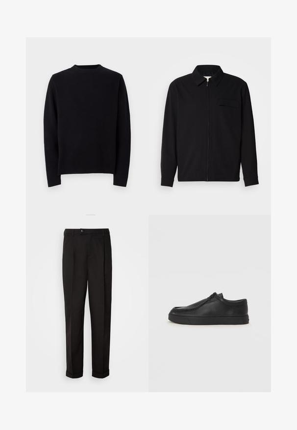 Cămașă neagră cu mânecă lungă, având guler, închidere cu fermoar pe față și buzunar pe piept. Fabricată dintr-un material texturat cu o croială lejeră.; Pulover negru din tricot cu mâneci lungi, decolteu rotund cu bordură și croială dreaptă. Textură netedă, fără modele sau accente vizibile.; Pantaloni negri cu o textură netedă, având un croi drept, două buzunare frontale și un singur sistem de închidere cu un nasture la talie.; Pantofii din piele neagră, fără șireturi, cu vârful rotund, detalii cusute și talpă din cauciuc negru. Textură netedă cu un design minimalist.